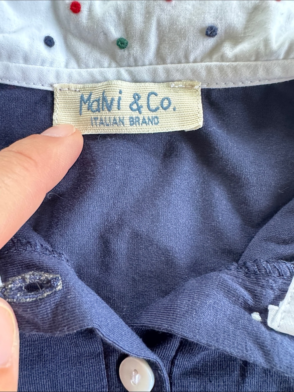 Girls' Navy Long-Sleeve Polo Top with White Dot Collar - Picture 2 of 4